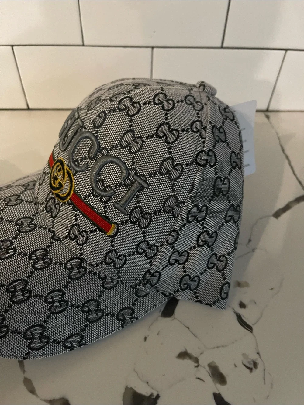 Gucci Gray Monogram Cap with Red, Green & Gold Accent